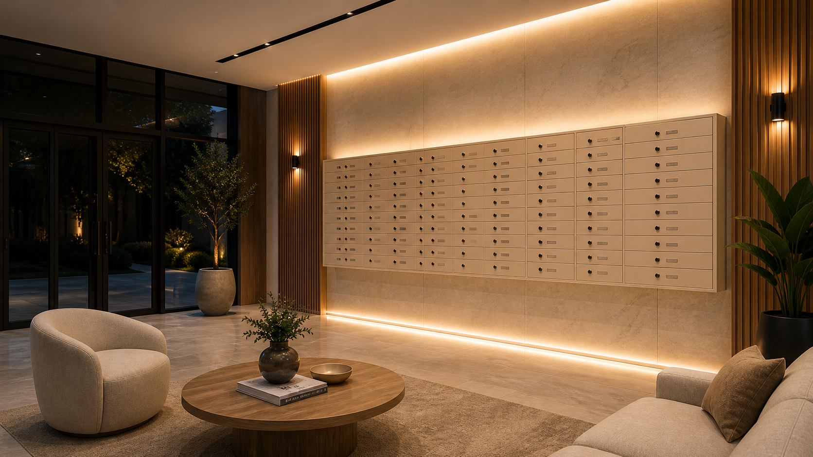 Lobby modern premium cu cutii poștale, riflaje decorative și iluminat cald